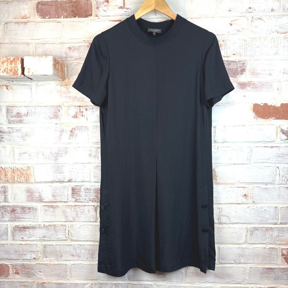 Rag & Bone Black Mock Neck Shift Dress S Covered Buttons Side Slits Quiet Luxury